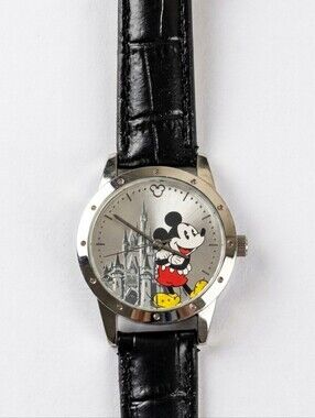 ​Disney Mickey Mouse Castle Watch Silver Tone Black Genuine Leather Strap